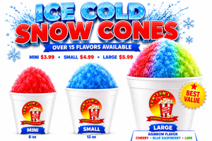Ice cold snow cones in three sizes mini, small, and large with vibrant flavors from Yum Yum’s Gourmet Popcorn