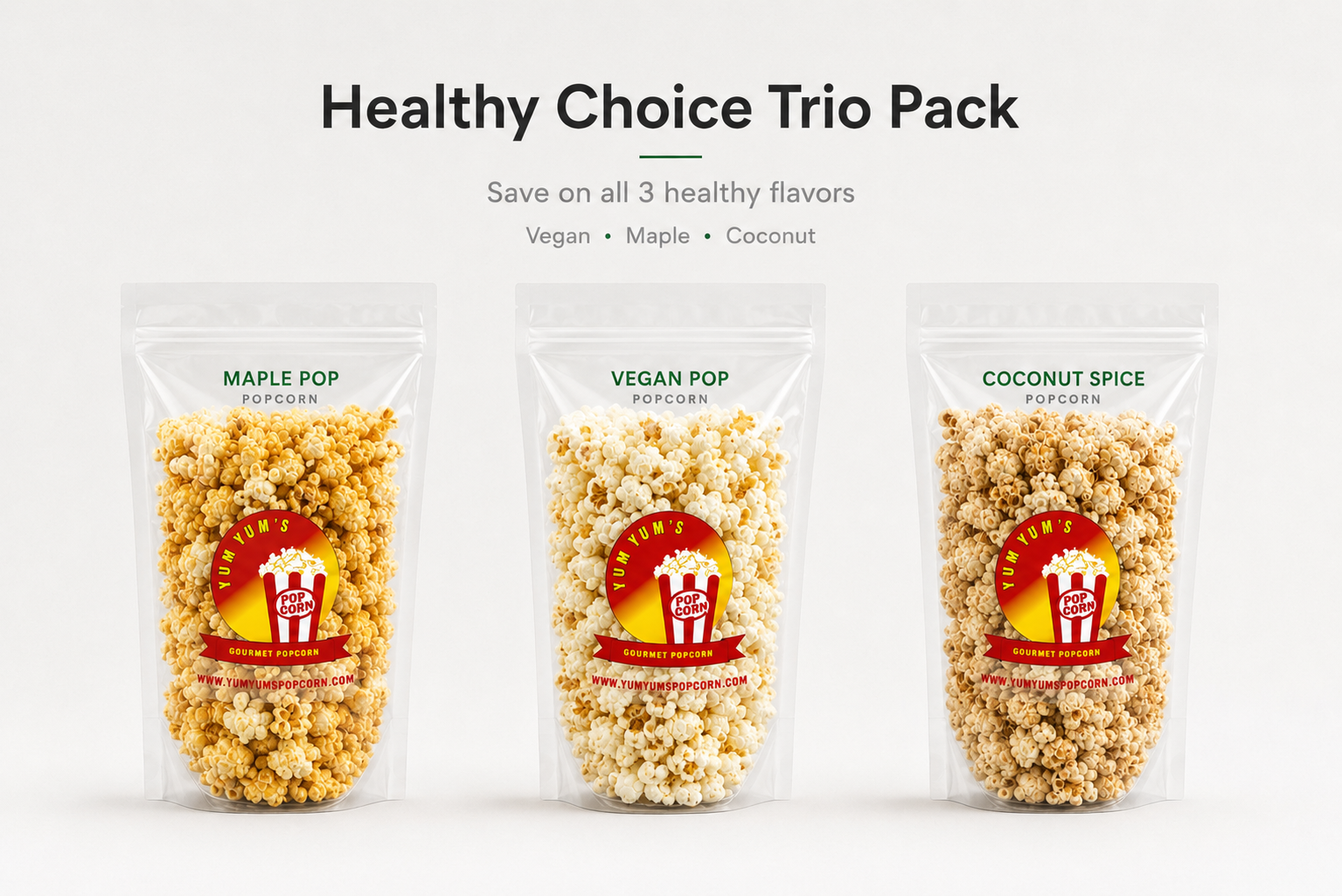 Healthy Popcorn Trio Pack – Vegan, Maple & Coconut | Yum Yum's