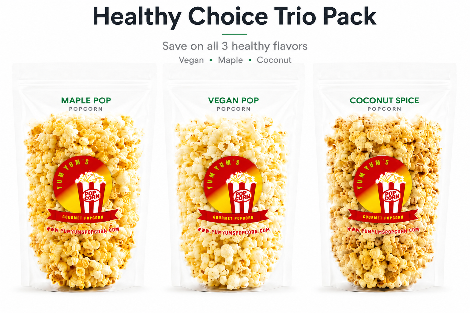 Healthy Choice Trio Pack – Vegan, Maple, and Coconut Spice Popcorn bundle by Yum Yum’s Gourmet Popcorn